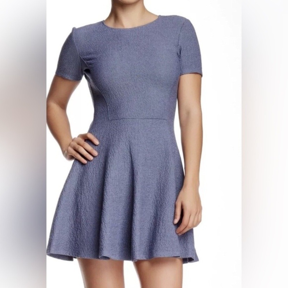 Theory Albita WR Meterie Fit & Flare Dress 8 Blue Textured Short Sleeve Mini